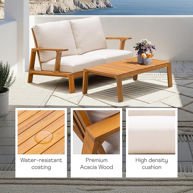 Idzo Jasper Solid Acacia Wood Loveseat Patio Set with Beige Cushions & Coffee Table – Modern Outdoor Furniture for - Photo 3