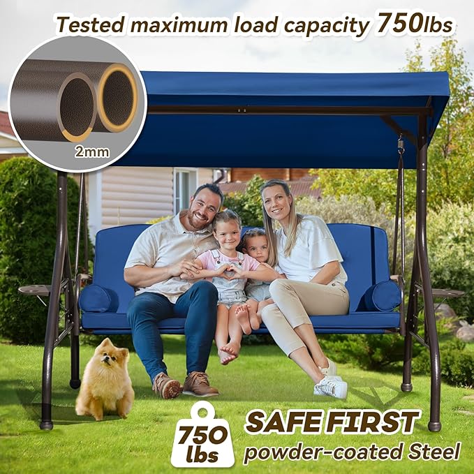 3 in 1 Outdoor Porch Swing with Adjustable Canopy, 3 Seat Outdoor Swing for Adults - Photo 2