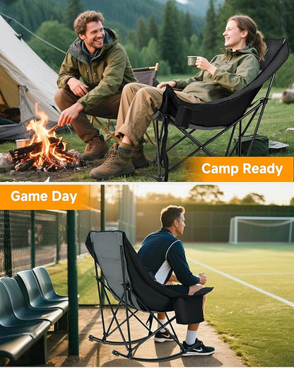 Slsy Oversized Rocking Camping Chair for Adults, 400 lbs Heavy Duty Padded Recliner with Side Pocket, Cup Holder & Carry Bag, Foldable Outdoor Lawn Chair for Patio, Backyard, or Camp
