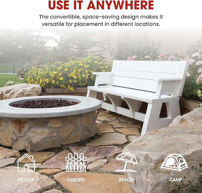 Convert-a-Bench Gen 1 2-in-1 Outdoor Convertible Bench to Picnic Table | Space-Saving, Weather-Resistant Patio Furniture for Yard, Deck, Garden | Easy Assembly & Durable Design -1 Bench/Order, White