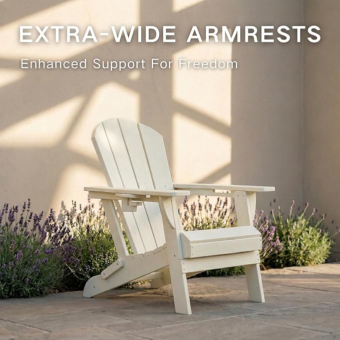 Kingdura Folding Adirondack Chairs Set of 2, Portable HDPE Outdoor Patio Chair with Wooden Textured & Cup Holder, All Weather Resistant, 380LBS Capacity for Pool, Backyard, Balcony, Fire Pit (White)