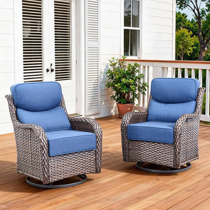 Luxury Outdoor Swivel Rocker Patio Chairs Set of 2 with 6-Inch Thick Cushions, High Back Swivel Patio Chairs Wicker Outdoor Gliders for Porch, Yard, Deck, Poolside, Brown/Blue