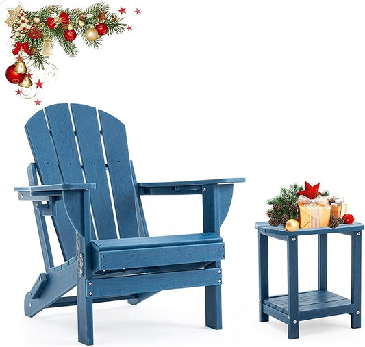 Folding Outdoor Adirondack Chairs Set of 1 with HDPE Side Tables-Plastic Weather Resistant Patio Chairs with Small Outdoor Side Tables 2 Storage for Patio,Fire Pit, Garden and Backyard