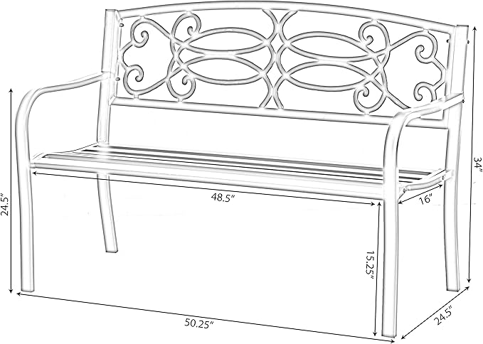 Gardenised QI003772 Steel Outdoor Patio Garden Park Seating Bench with Cast Iron Scrollwork Backrest, Front Porch Yard Bench Lawn Decor