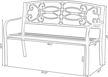 Gardenised QI003772 Steel Outdoor Patio Garden Park Seating Bench with Cast Iron Scrollwork Backrest, Front Porch Yard Bench Lawn Decor