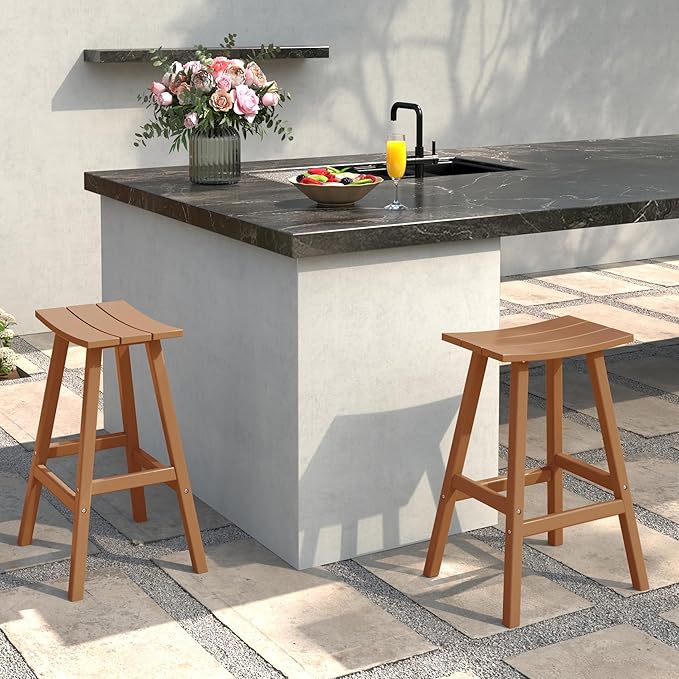 Costaelm All-Weather Bar Stools Set of 2, 24" Height Outdoor Bar Stools, Adirondack Poly Patio Bar Stool for Patio, Deck, Kitchen Counter and Garden, Teak