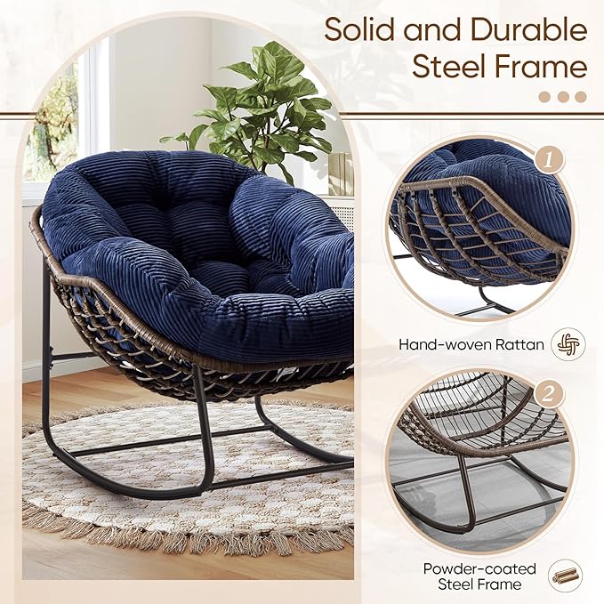 Large Indoor Rocking Chair Set of 2, Oversized Rocking Papasan Chair with Thick Cushion and Frame,Comfy Corduroy Rocker Wicker Egg Chairs Lounge Reading Chair for Living Room, Bedroom, Navy Blue