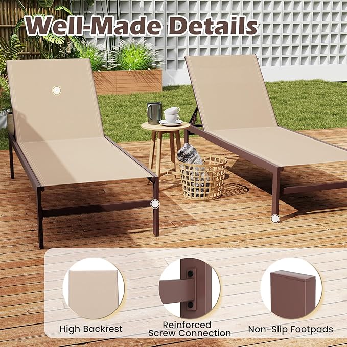HAPPYGRILL Aluminum Chaise Lounge Chair, Heavy-Duty Patio Recliner W/ 6-Level Backrest & Breathable Fabric - Photo 6