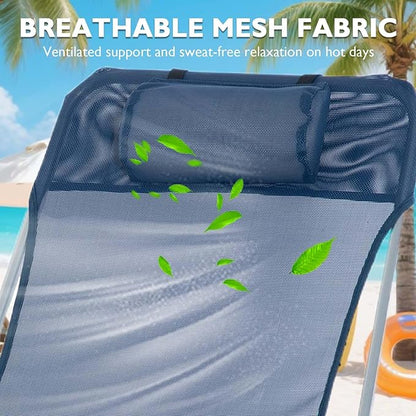 Folding Chaise Lounge Pool Chair, Patio Sun Tanning Chair, Outdoor Lounge Chair with 6-Position Reclining Back, Breathable Mesh Seat, and Headrest for Beach, Yard, Patio(Blue1)