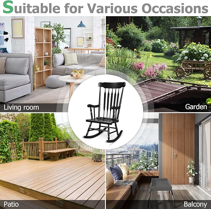 Tangkula Patio Rocking Chair Solid Rubber Wood, Outdoor Porch Rocker Chair with Rubber Wood Frame, Indoor Wooden Rocking Chair, Ideal for Garden, Backyard & Balcony (2, Black)