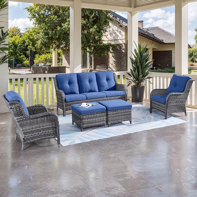 HUMMUH Outdoor Furniture 5 Pieces Patio Furniture Set Wicker Outdoor Sectional Sofa with 2 Patio Chairs,Ottomans - Photo 1