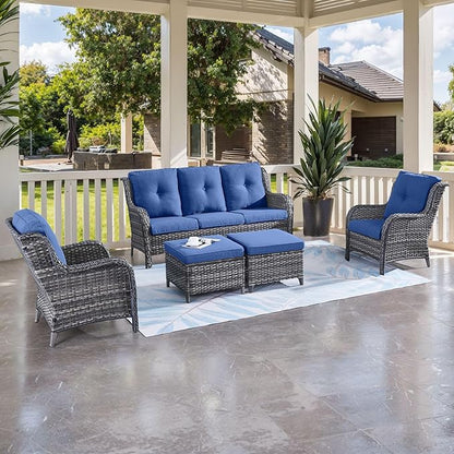 HUMMUH Outdoor Furniture 5 Pieces Patio Furniture Set Wicker Outdoor Sectional Sofa with 2 Patio Chairs,Ottomans