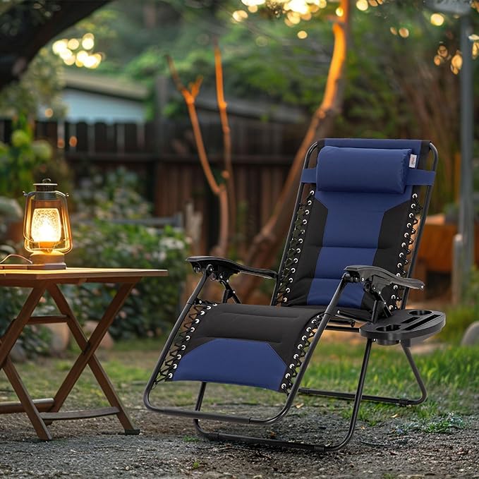 MAISON ARTS Oversized Zero Gravity Chairs Set of 2, Folding Padded Recliner Anti Gravity Lounge Chair with 28" Wide Seat and Cup Holder, Support 400lbs, Blue & Black