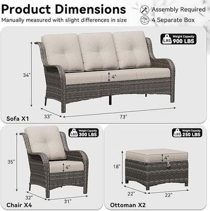 7 Piece Outdoor Wicker Patio Furniture Set, Patio Chairs Set with Thickened Olefin Cushions, High Back and Deep Seating, Hand-Woven PE Rattan, Ottoman for Porch, Deck