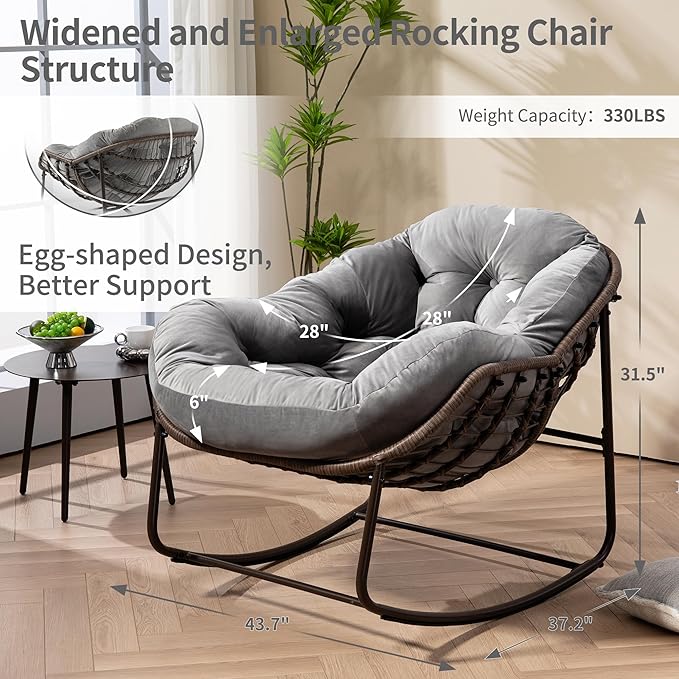 HOMEFUN Outdoor Patio Rocking Chairs, Oversized Papasan Rock Chair Indoor with Velvet Padded Cushion - Rocker Egg for Front Porch, Garden, Backyard Light Gray