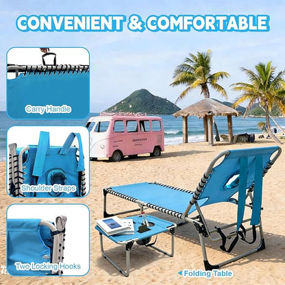 Backpack Sun Tanning Chair with Face Hole & Beach Table, 5-Position Adjustable Folding Lounge Chair Outdoor for Lawn Patio Garden
