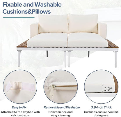 Outdoor Bed with Cushions and Pillows, Patio Daybed with Wood Topped Side Table for Drinks, Metal Legs 2 in 1 Patio Sofa Bed Loveseat Chaise Lounges for Poolside, Garden, Balcony, Beige