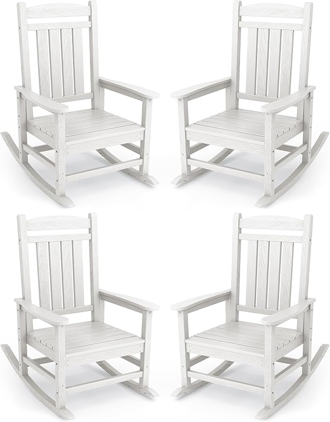 KINGYES Oversized Outdoor Rocking Chair Set of 4, HDPE Patio Rocking Chairs with 330lbs Support for Adults, White