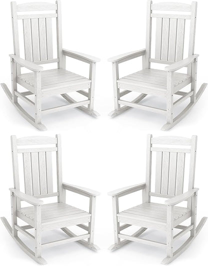 KINGYES Oversized Outdoor Rocking Chair Set of 4, HDPE Patio Rocking Chairs with 330lbs Support for Adults, White