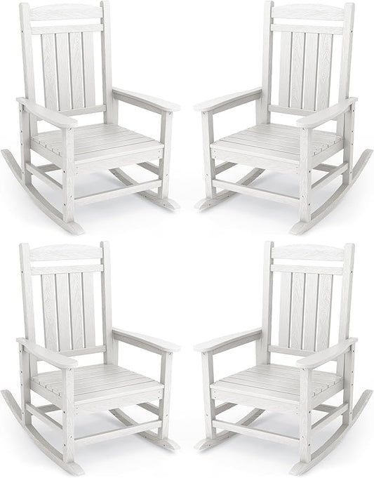 KINGYES Oversized Outdoor Rocking Chair Set of 4, HDPE Patio Rocking Chairs with 330lbs Support for Adults, White