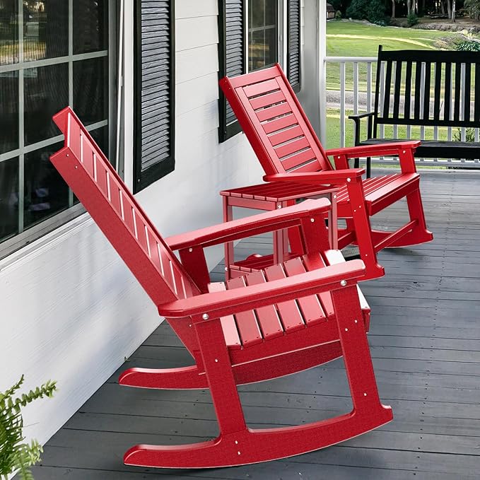 GREENVINES Outdoor Rocking Chairs | Set of 4 | Porch Rocker | HDPE Plastic | Red | Oversized Rockers | High Back | Big & Tall | Ladder Back | for Patio Outside Backyard Balcony Garden