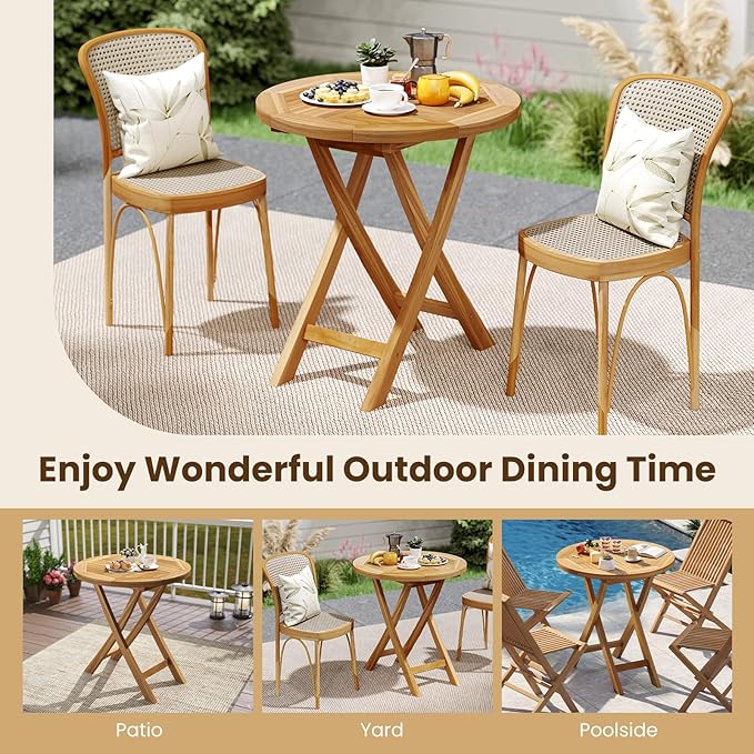 Tangkula 27.5" Teak Wood Patio Dining Table, Round Outdoor Bistro Table with Slatted Tabletop, Sturdy X-Shaped Frame, Wood Outside Table for Backyard, Poolside, Garden, Lawn, Natural