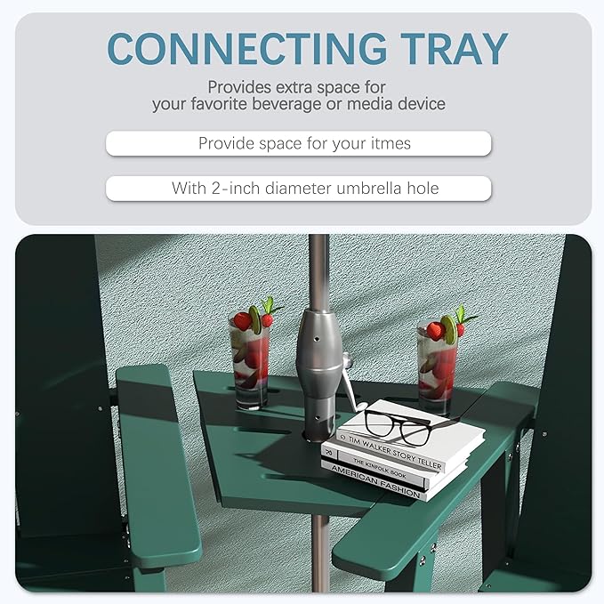 Tall Adirondack Chair Set of 2, HDPE Balcony Chairs with Connecting Tray, Two Cup Holders, All-Weather Adirondack Bar Stools for Patio, Balcony, Backyard, Poolside, Dark Green