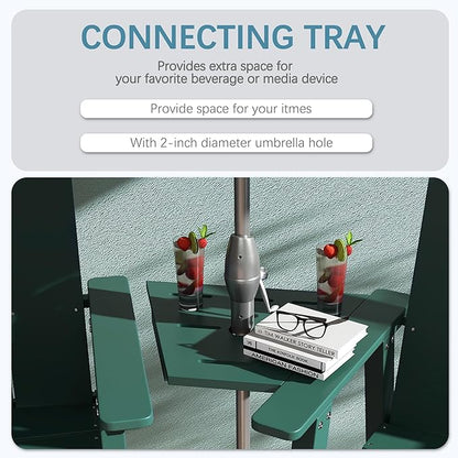 Tall Adirondack Chair Set of 2, HDPE Balcony Chairs with Connecting Tray, Two Cup Holders, All-Weather Adirondack Bar Stools for Patio, Balcony, Backyard, Poolside, Dark Green
