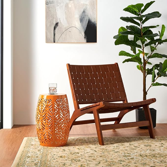 Glitzhome 18.25" H Outdoor Side Table with Leaf Pattern Solar Powered Light, Iron Cutout Drum Garden Stool Solar Decorative Lanterns, Metal End Table Plant Stand for Indoor Outdoor, Orange