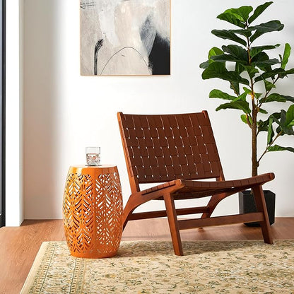 Glitzhome 18.25" H Outdoor Side Table with Leaf Pattern Solar Powered Light, Iron Cutout Drum Garden Stool Solar Decorative Lanterns, Metal End Table Plant Stand for Indoor Outdoor, Orange