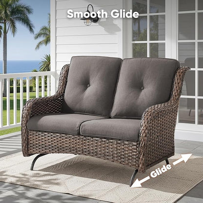 Belord 5 Piece Wicker Patio Furniture Set, Outdoor Swivel Rocker Chairs Set of 2 with Ottomans and 3 Seater Sofa, All Weather Patio Conversation Furniture Set, for Porch Pool, Brown Wicker/Gray
