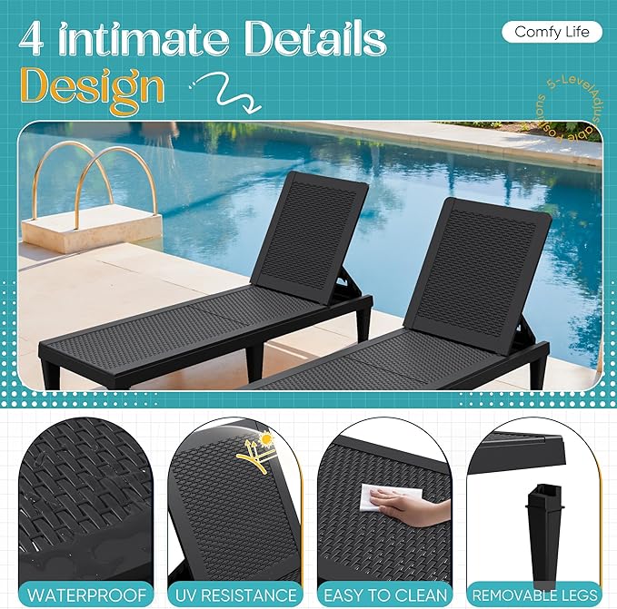 Greesum Outdoor Chaise Lounge Chairs Set of 4 with 5-Position Adjustable Backrest, Waterproof PP Sun Loungers for Garden Pool Beach Patio Deck Sunbathing, Black