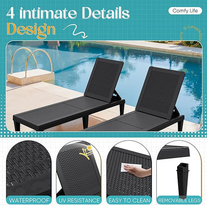 Greesum Outdoor Chaise Lounge Chairs Set of 4 with 5-Position Adjustable Backrest, Waterproof PP Sun Loungers for Garden Pool Beach Patio Deck Sunbathing, Black