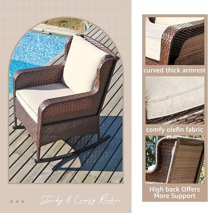 SUNSITT Outdoor Resin Wicker Rocking Chairs with Olefin Cushions, Set of 2, Patio Yard Furniture Club Rocker Chairs, Brown Wicker & Beige Cushions