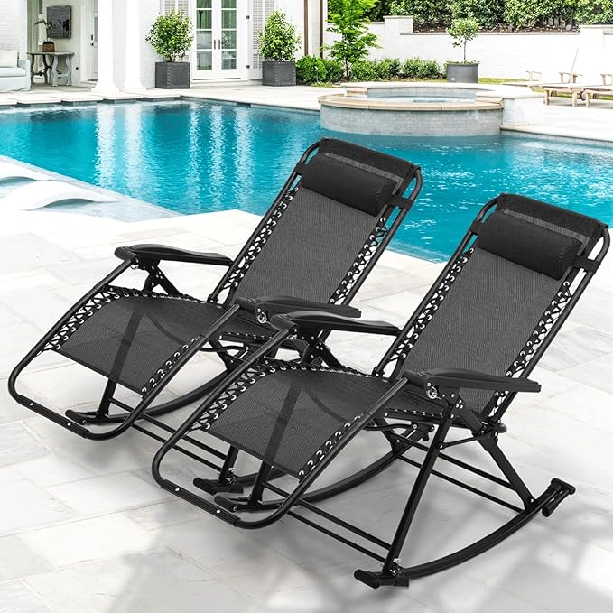 MoNiBloom Rocking Lounger Outdoor Chair Set of 2, Portable High Back Compact Foldable Reclining Zero Gravity Lounge Patio Rocking Chair with Adjustable Armrest and Footrest for Beach Yard Pool Outdoor