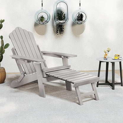 Giantex Folding Adirondack Chair, All-Weather Lounge Chair with Adjustable Backrest, Retractable Ottoman, Cup Holder, HIPS Fire Pit Chair for Lawn, Pool, Patio, Porch (1, Gray)