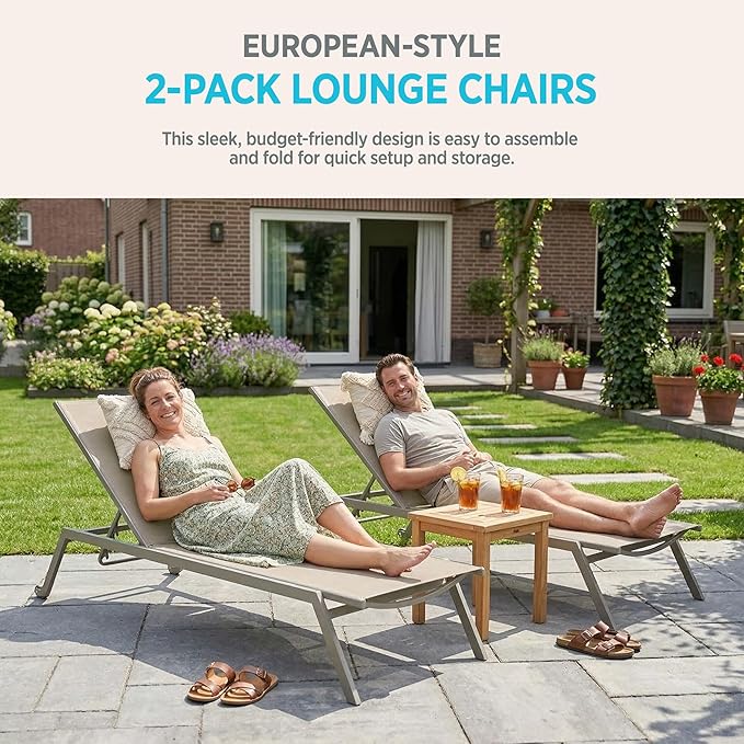 Ostrich Princeton Chaise Lounge Reading Tanning Lawn Chair, Outdoor Furniture for Pool, Beach, Patio, Backyard, and Deck, Tan/Taupe, 2 Pack