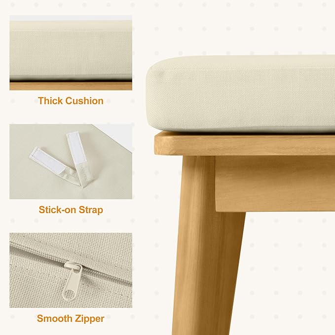 Backless Patio Bench, Acacia Wood Dining Bench with Cushion for Outdoor Porch, Backyard, Garden, Lawn, Beige