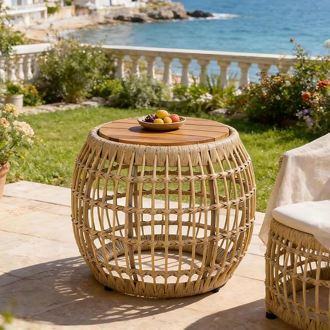 Merax Bohemian Round Outdoor Side Table with Acacia Wood Top and Wicker Base, Boho Rattan Coffee Table for Garden, Pool, Deck, Balcony, Yard, Patio, Light Brown