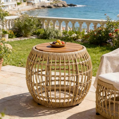 Merax Bohemian Round Outdoor Side Table with Acacia Wood Top and Wicker Base, Boho Rattan Coffee Table for Garden, Pool, Deck, Balcony, Yard, Patio, Light Brown