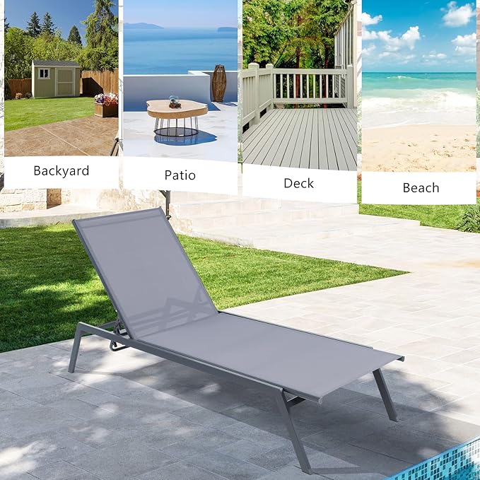Giantex Patio Chaise Lounge Chair - Set of 2 Sunbathing Chair with Lay Flat Position, 6 Adjustable Positions, Outdoor Reclining Chair with Quick-Drying Fabric for Patio Poolside Backyard (2, Gray)
