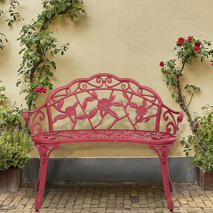 Outvita Outdoor Cast Aluminium Bench - Anti-Rust Weather Resistant Patio Bench, Rose Pattern, 39" H x 59" L x 22" D