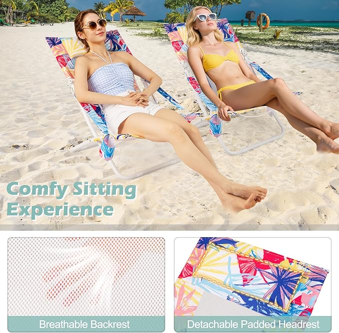 GYMAX Beach Chair Set of 2, Folding Sling Chairs with Headrest, Cup Holder & Shoulder Strap - Photo 7