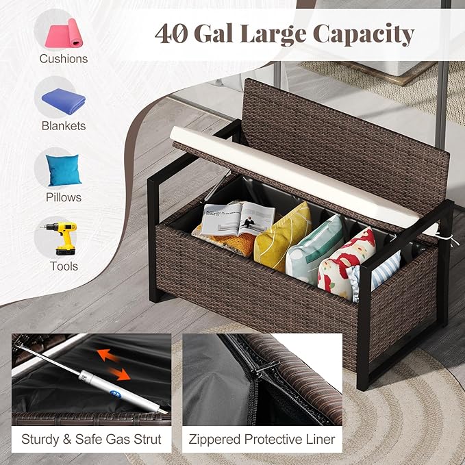 RELAX4LIFE Wicker Outdoor Bench with Storage - Rattan Deck Box w/Protective Liner for Pillows, Pool Supplies - Photo 6