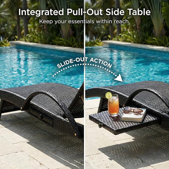 Wicker Outdoor Lounge Chairs with Pull Out Side Table, Pool Lounge Chairs Set of 6, Rattan Outdoor Lounger - Photo 3
