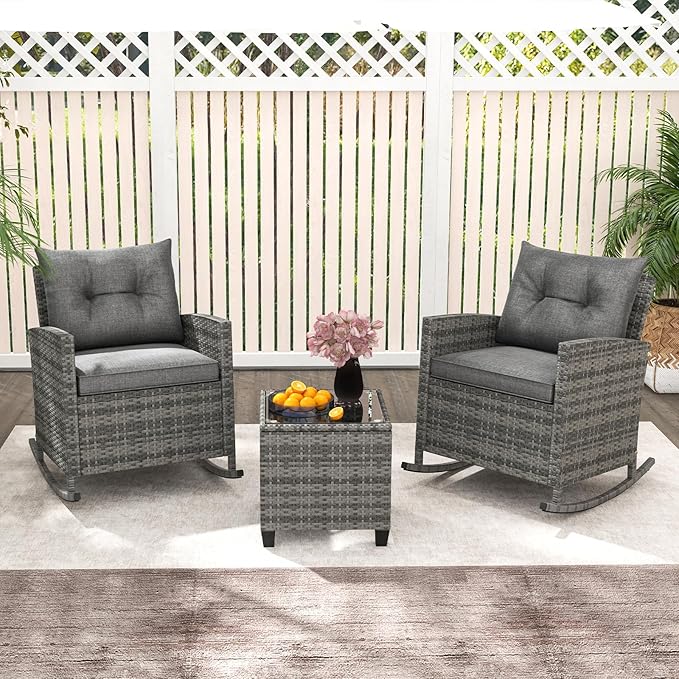 Tangkula 3 Piece Wicker Rocking Set, Patio Rattan Roker Chairs with Tempered Glass Table & Soft Cushions, Outdoor Furniture Set for Backyard, Poolside Porch (Grey)
