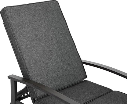 Chaise Lounge Chair Outdoor Cast Aluminum Reclining Lounger with Cushion, 5-Position Adjustable Backrest, Waterproof Padded Seat, Hidden Wheels, Elegant Poolside Garden Patio Seating (Grey)