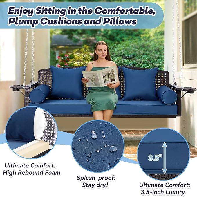 3 Seat Porch Swing, Patio Swing Bench with Cup Holders & 3 Back Cushions - Photo 4