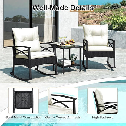 Tangkula 3 Pieces Outdoor Rocking Chairs Set, Rattan Heavy Duty Cushioned Rocker Chairs with 2-Tier Tempered Glass Coffee Table, for Garden, Balcony, Backyard (Black+Beige)