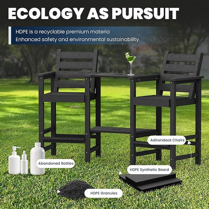 PLUUV Tall Adirondack Chairs Set of 2, All Weather HDPE Poly Bar Height Balcony Adirondack Chair with Removable Double Connecting Trays, Outdoor Adirondack Barstools for Deck, Patio, Yard, Pool, Lawn